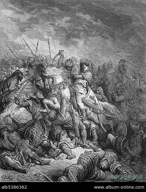 The Battle of Arsuf, Battle of the Third Crusade in which Richard I of England defeated the forces of Ayyubid leader Saladin, 1885, historical woodprint, Israel, Asia.
