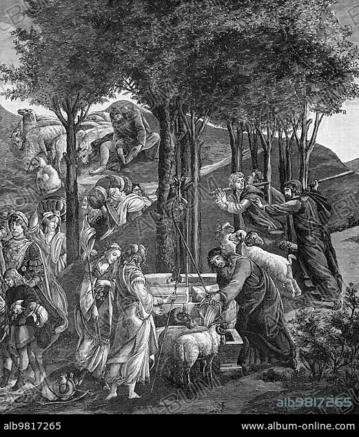 Moses goes from Egypt to Midian; Second Book of Moses; Chapter 2; Verses11-15; Old Testament; Bible; many people; landscape; mountains; trees; well; ram; animals; flight; Midianites; prophet; historical illustration 1890.