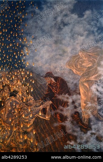 Amos Nattini (1892-1985), "The Divine Comedy" by Dante Alighieri (1265-1321). Inferno, Canto XV, Circle 7: Violence. 3rd Ring : Against God, Art and Nature. The Sodomites run in circles. Among the damned souls, Dante recognizes Brunetto Latini, who tells him about the prophecy of his exile.. Private collection.. In 1921, for Dante Aligheri's 600th anniversary of death, the Istituto Nazionale Dantesco chose Amos Nattini to illustrate The Divine Comedy. The illustrations have been published in 1923.