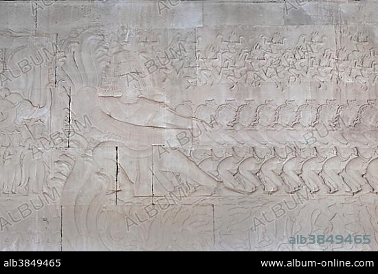 Bas-relief depicting The Churning of the Ocean of Milk, Angkor Wat, Cambodia, Asia.