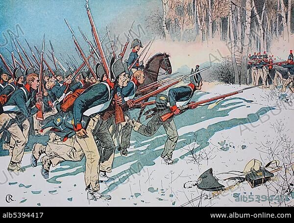 Battle of Eylau or Battle of Preussisch-Eylau, 7 and 8 February 1807, between Napoleon's Grande ArmÃ©e and the Imperial Russian Army under the command of Levin August von Bennigsen, historical illustration, Germany, Europe.