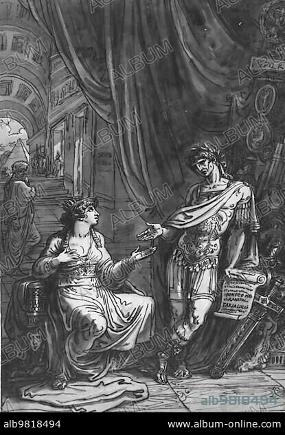 Cleopatra asks Caesar for help; Pharaoh Cleopatra VII born 69 BC; died 12 August 30 BC; ruled Egypt as the last queen of the Macedonian-Greek dynasty of the Ptolemies from 51 BC to 30 BC; Historical; digitally restored reproduction from an original of the time.