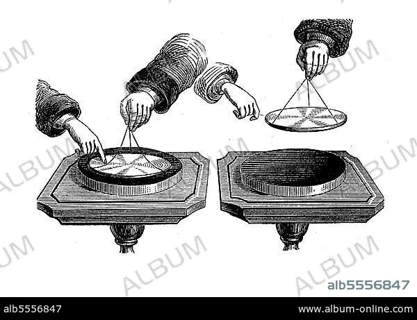 Elektrophor ist eine Form von historischer Influenzmaschine und dient zur Trennung elektrischer Ladungen und zur Erzeugung hoher elektrischer Spannungen mit Hilfe der Influenz, England, 1880, Historisch, digital restaurierte Reproduktion einer Originalvorlage aus dem 19. Jahrhundert.