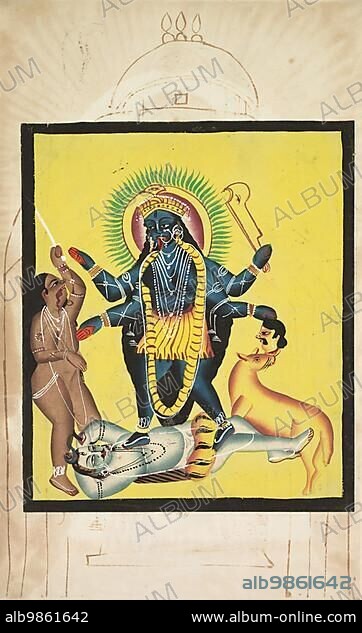 Kali, an important goddess of death in Hinduism, standing on Shiva (verso), c. 1890, East India, Bengal, Kolkata, Temple Kalighat, Historical, digitally restored reproduction from a 19th century original.
