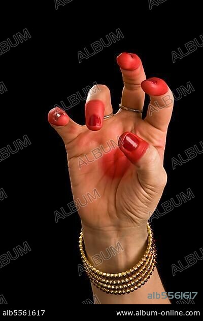 Woman hand showing Kangula hasta (hand gesture) (also called mudra) (meaning "Tail") of indian classic dance Bharata Natyam. Also used in other indian classical dances Kuchipudi and Odissi.