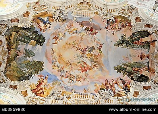 Interior view, ship fresco by Johann Baptist Zimmermann: the Assumption of Mary into heaven, pilgrimage church of St. Peter and Paul, built by the Brothers Zimmermann, 1728-1731, Steinhausen, Baden-Wuerttemberg, Germany, Europe.