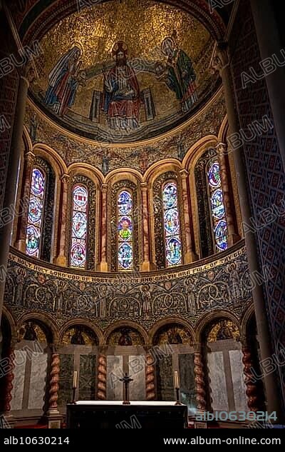 Ornate mosaic in church apse by Gertrude Martin 1881-1952, Wilton Italianate church, Wiltshire, England, UK.