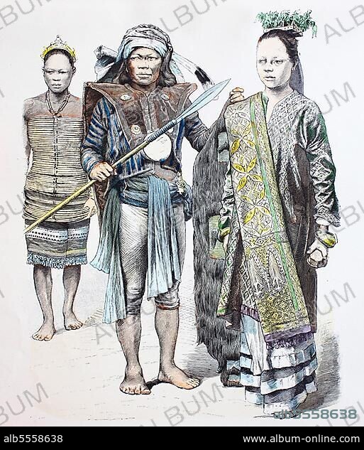 Folk traditional costume, clothing, history of costumes, woman and Dajak warrior from Borneo, distinguished girl from Borneo, 1885, digitally restored reproduction of a 19th century original, exact date unknown.