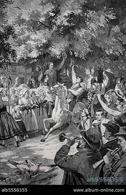 Das Stollereiten im Spreewald, Deutschland (1898), Das Stollenreiten war in der Niederlausitz bis Mitte des vorigen Jahrhunderts ein zu Pfingsten gepflegter Brauch, Historisch, digitale Reproduktion einer Originalvorlage aus dem 19. Jahrhundert, Originaldatum nicht bekannt.