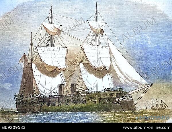 SMS Kronprinz was an armoured ship of the Imperial Navy, 1869, sailing steamer, Prussia, Historic, digitally restored reproduction of an original 19th century model, exact original date unknown.