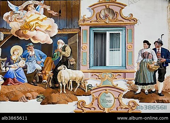 Lüftlmalerei fresco painting adorning the facade of a house, detail, Garmisch-Partenkirchen, Upper Bavaria, Bavaria, Germany, Europe.