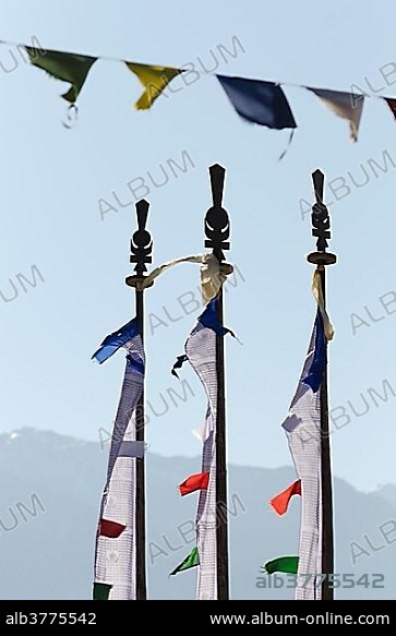 Prayer flags at the Singsor Ani Gompa nunnery, located 28 km from Tawang, Arunachal Pradesh, India, Asia.