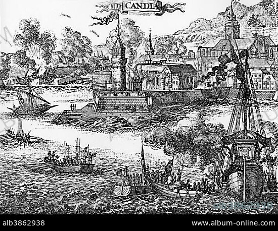 Siege of Candia, today Heraklion, on Crete by the Turks 1669, copper engraving.