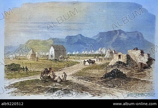 British Ethiopian Expedition of 1868, the vanguard of Sir Robert Natier's troops, in Antalo, Abyssinia, now Ethiopia, Historic, digitally restored reproduction of an original 19th century artwork, exact original date unknown.