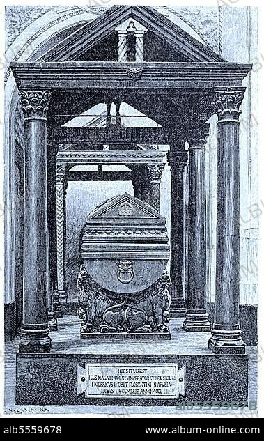 Das Grabmal von Kaiser Friedrich II. in der Kathedrale von Palermo, Sizilien, Italien, digitale verbesserte Reproduktion eines Originals aus dem Jahr 1880.