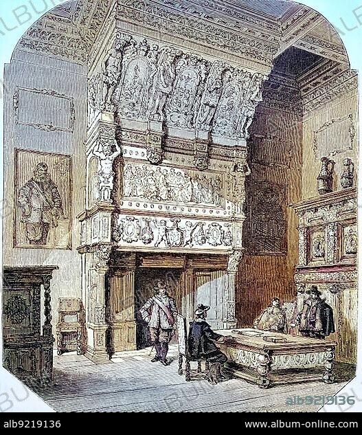 Fireplace in the wedding room of the Stadhuis, City Hall, of Antwerp, c. 1882, Belgium, Historic, digitally restored reproduction of a 19th century original, exact date unknown, Europe.