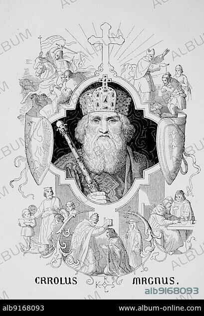 Charlemagne, born probably 2 April 747 or 748, died 28 January 814, was a ruler descended from the dynasty of the Carolingians. He was King of the Frankish Empire from 9 October 768 and Roman Emperor from 25 December 800, Historical, digitally restored reproduction of a 19th century original, exact original date unknown.