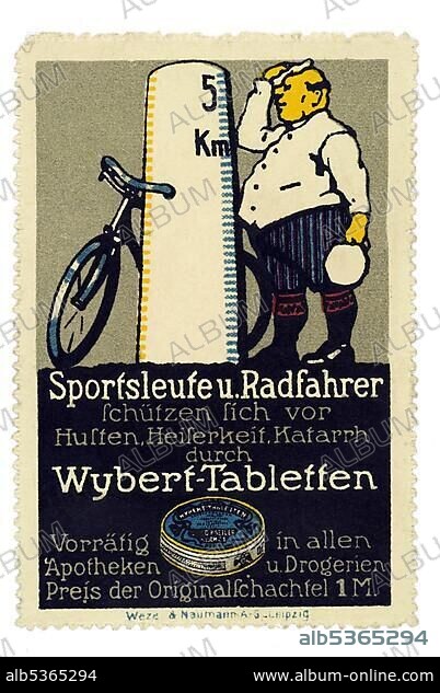 German trading stamp, "Sportsleute und Radfahrer schuetzen sich vor Husten, Heiserkeit, Katarrh durch Wybert-Tabletten. Vorraetig in allen Apotheken u Drogerien. Preis der Originalschachtel 1 M".