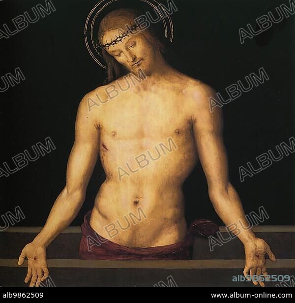Jesus Christ with Crown of Thorns, painting by Pietro Perugino, digitally restored reproduction from an original of the period.