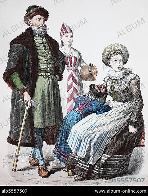 Folk traditional costume, clothing, history of costumes, distinguished Norwegian with woman, woman from the countryside, Norway, 1600-1630, Historic, digitally restored reproduction of a 19th century original, Europe.