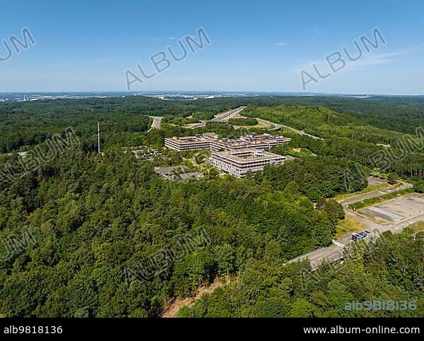 Eiermann Campus; also IBM-Areal; IBM Campus; from 1972 to 2009 headquarters of the company IBM Deutschland GmbH. Most of the buildings have been declared cultural monuments as examples of post-war modernism; architecture; drone photo; Stuttgart; Baden-Württemberg; Germany; Europe.
