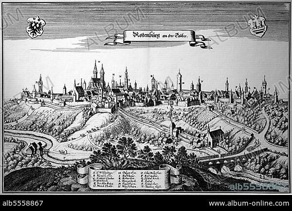 Rothenburg an der Tauber im Mittelalter, Mittelfranken, Bayern, Deutschland, Historisch, digital restaurierte Reproduktion einer Originalvorlage aus dem 18. Jahrhundert, genaues Originaldatum nicht bekannt.