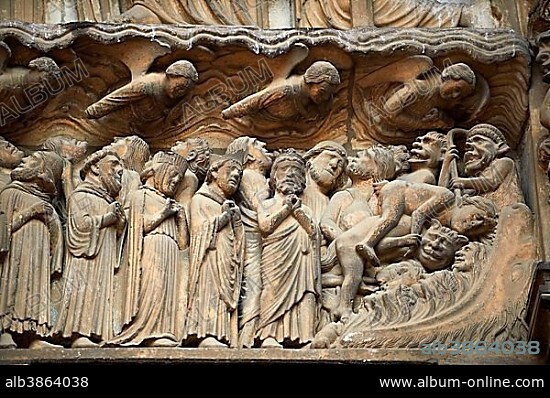 Medieval Gothic sculptures of the south portal Tympanum and lintel depicting the Last Judgement, UNESCO World Heritage Site, Chartres, France, Europe.