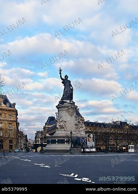 Place de la Republique square with a the statue of Marianne, at whose feet the 3 allegories of freedom, brotherhood and justice are seated, by Charles Morice, 1880, Paris, France, Europe.