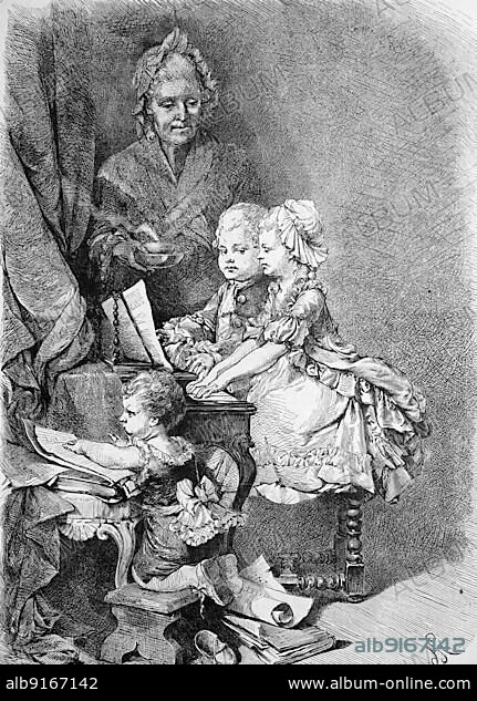 Wolfgang Amadeus Mozart as a boy at the piano, with his sister and a piano teacher, Wolfgang Amadeus Mozart as a boy at the piano, with his sister and a piano teacher, Historisch, historical, digital verbesserte reproduction of an original from the 19th century, digitally restored reproduction of an original from the 19th century, exact original date not known.