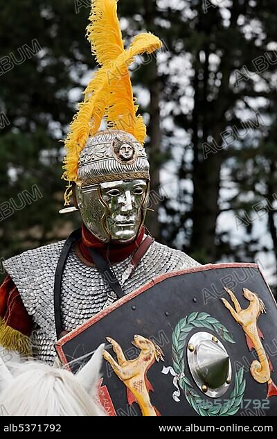 Roman horseman with silver facial mask, Roman Festival, Archaeological Park Xanten, Lower Rhine region, North Rhine-Westphalia, Germany, Europe.
