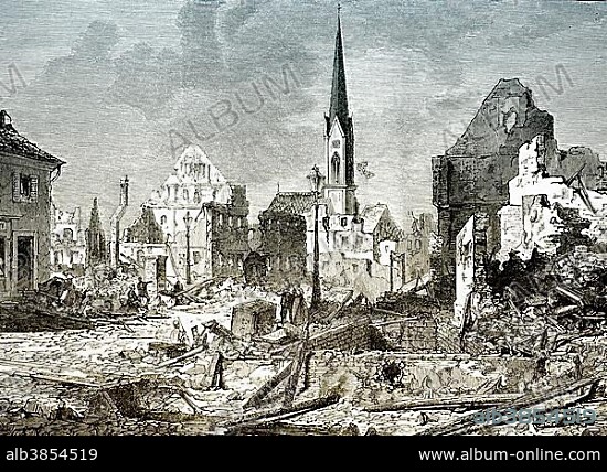 The ruined city of Kehl am Rhein, Baden-Wuerttemberg, Germany, historical scene from the Franco-Prussian War or Franco-German War, 1870-1871, between the French Empire and the Kingdom of Prussia, Europe.