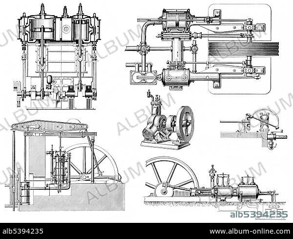 Historical graphic representation, technical drawing, various steam engines, piston heat engine, the thermal energy or pressure contained in steam is transformed into mechanical work, 19th Century, from Meyers Konversations-Lexikon encyclopaedia, 1890.