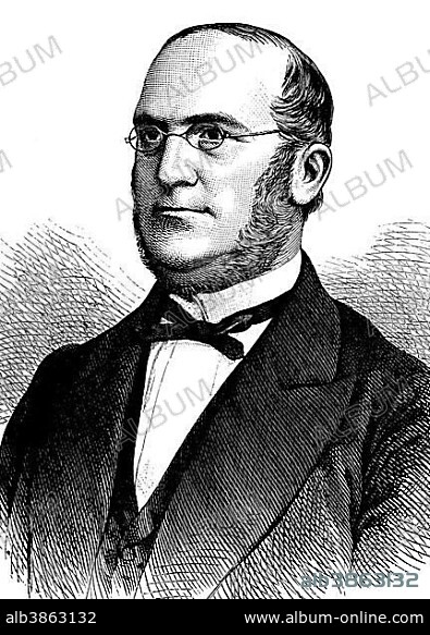 Adolph Wilhelm Hermann Kolbe, 1818 - 1884, a German chemist, he converted carbon disulfide, in several steps, to acetic acid, and developed a theory of the existence of secondary and tertiary alcohols, historical engraving, about 1889.