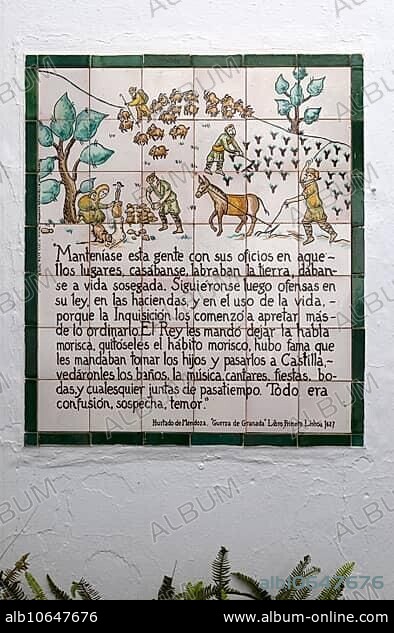 Ceramic tiled illustrated story about history, Frigiliana, Province of Malaga, Andalusia, Spain, Europe.