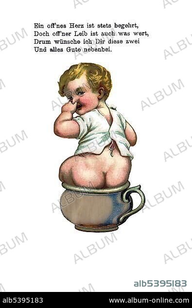 Boy with naked bottom on the chamber pot, postcard picture, around 1900.