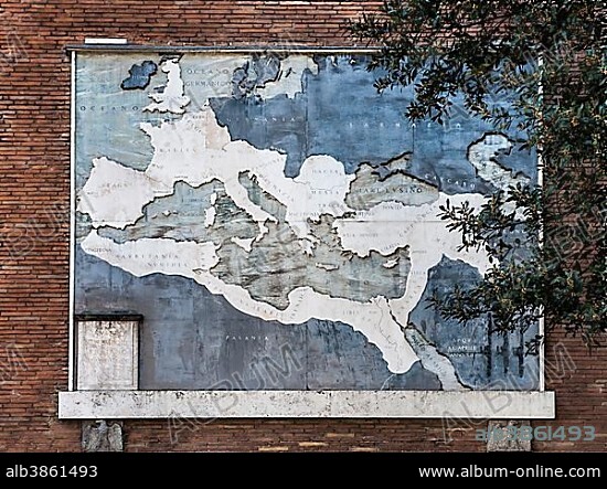 Panel with historical map, the Roman Empire at its greatest extent, Via dei Fori Imperiali, boulevard of the fascists, Rome, Lazio, Italy, Europe.