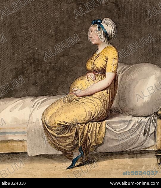 Caricature of a Pregnant Woman Sitting on the Edge of a Bed; Pregnancy; Baby's Belly; 1810; Painting by Nicolai Abildgaard; Historic; digitally restored reproduction from a 19th century original.