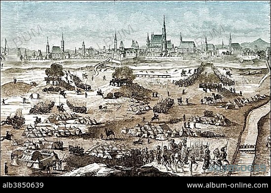 Historical illustration, the Turks or the Ottoman Army outside Vienna, The Second Siege of Vienna by the Ottoman Empire, 1683.