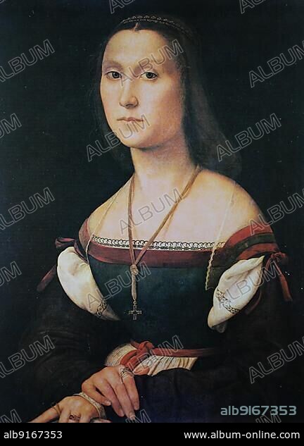 La Muta, the Mute, Lady in Green, by Raffaello Sanzio da Urbino, also Raffael da Urbino, Raffaello Santi, Raffaello Sanzio, Raphael, Italian painter, Italy, digitally restored reproduction of a work of art (public domain) from c. 1500, Europe.