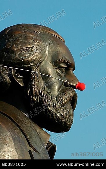 Karl Marx, statue with red nose, Berlin, Germany, Europe.
