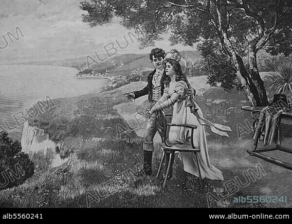 Sommerfrische, junges Paar an der Küste oberhalb des Meeres, verliebt, 1880, Deutschland, Historisch, digitale Reproduktion einer Originalvorlage aus dem 19. Jahrhundert, Originaldatum nicht bekannt.