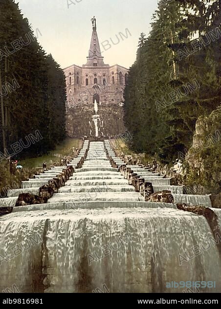 Statue of Hercules and water cascade on the Wilhelmshöhe in Kassel; Hesse; Germany; Historical; Photochrome print from the 1890s; Europe.