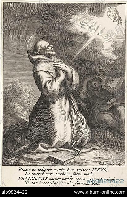 Francis of Assisi; Francis; Giovanni di Pietro di Bernardone; 1181 or 1182 to 3 October 1226; the founder of the Order of Friars Minor; Ordo fratrum minorum; Franciscans; Francis receiving the stigmata; Wounds; 1633; Holland; Historic; digitally restored reproduction from a 19th century original.