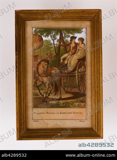 "The impatient Monrose will soon be happy". In : Sainte Hélène and Monrose or Aerial Adventures. True story – unknown authoor – an VII. First volume in Paris in the Magasin des Romans nouveaux in Lepetit quai des Augustins N° 32. Coloured etching with frame (14.8 x 9.8 cm). Muller-Quênot Collection.