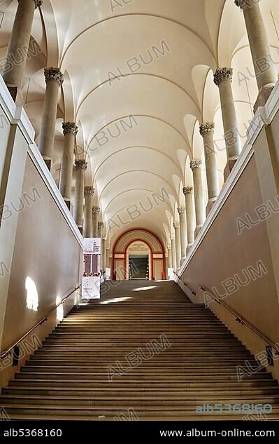 Bavarian State Library, stairs leading to the first floor, ceiling vault with Corinthian columns, Munich, Bavaria, Germany, Europe.