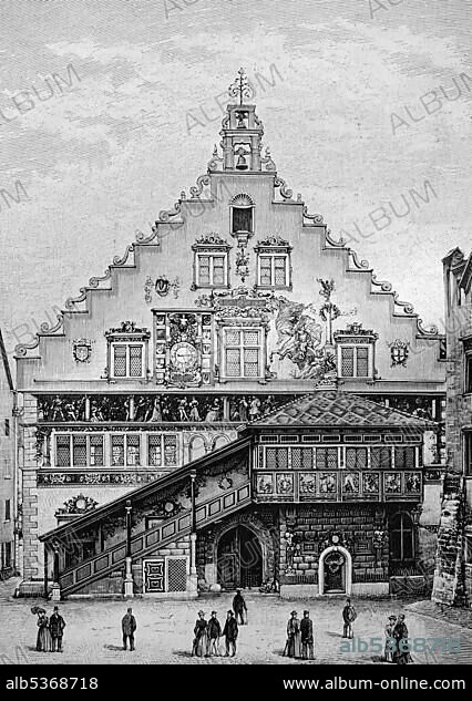 The city hall in Lindau, Bavaria, Germany, historical illustration circa 1893, Europe.