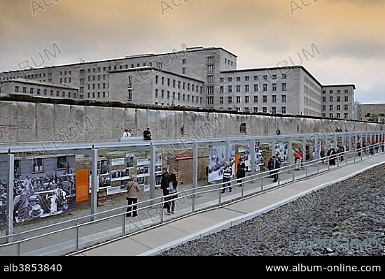 Former site of the Gestapo, the SS and the Reich Main Security Office, "Topography of Terror" exhibition, remnants of the wall with the Detlev Rohwedder Building at back, Berlin, Berlin, Germany, Europe.