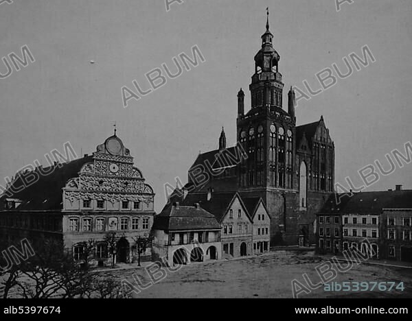 Old city hall and Marienkirche church of Stargard in Pomerania, historical photo about 1899.