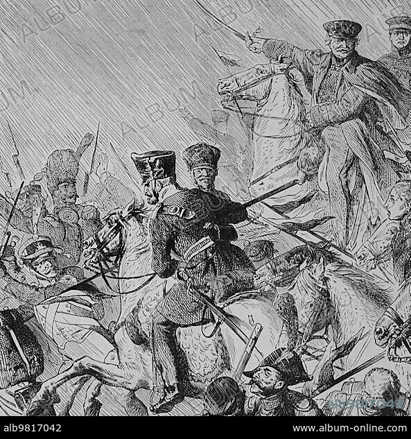 The Battle of Katzbach on 26 August 1813 was a battle of the Napoleonic Wars; with Field Marshal Gebhard Leberecht von Blücher; Historical; digitally restored reproduction from a 19th century original.