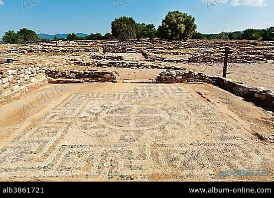 Mosaic with foundation walls, archaeological ancient city Olynthus or Olinthos, Chalcidice, Greece, Europe.